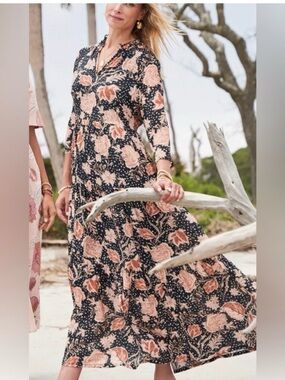 Spartina 449 Navy Pink Floral Print Maxi Dress Adeline Sz Small